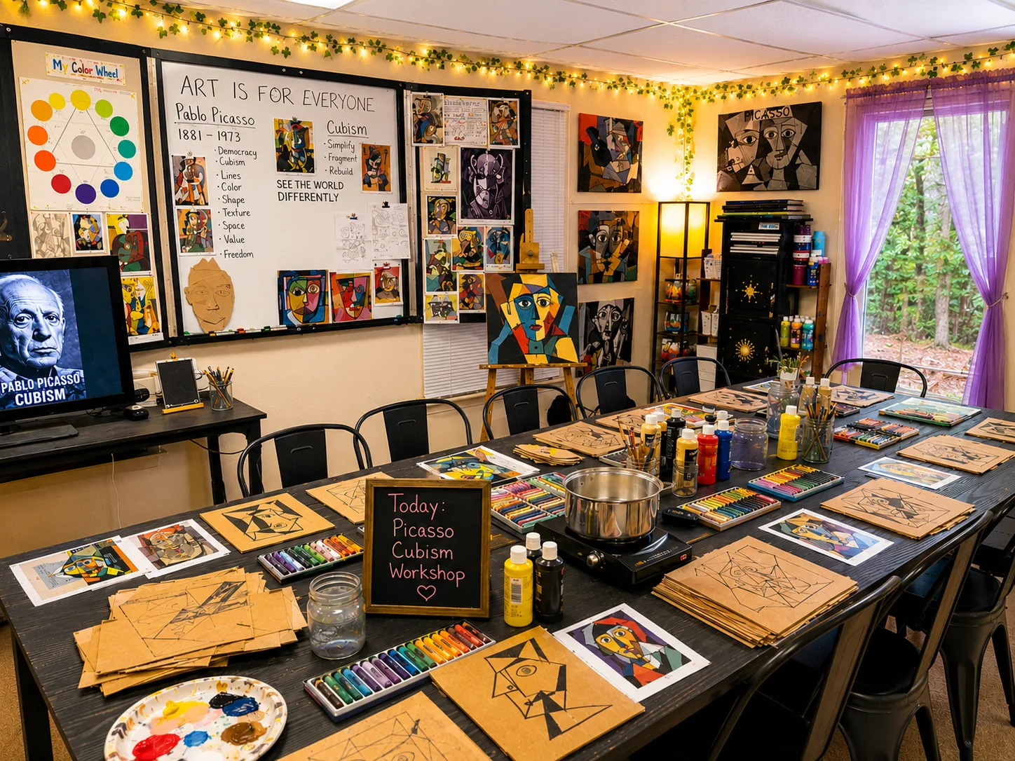 Art class birthday party with kids painting Picasso-style artwork at InDreams Art Experience in Medford, NJ