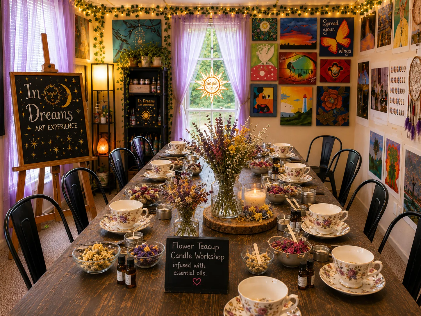 Flower teacup candle-making workshop with dried florals, essential oils, and vintage teacups at InDreams Art Experience in Medford, NJ
