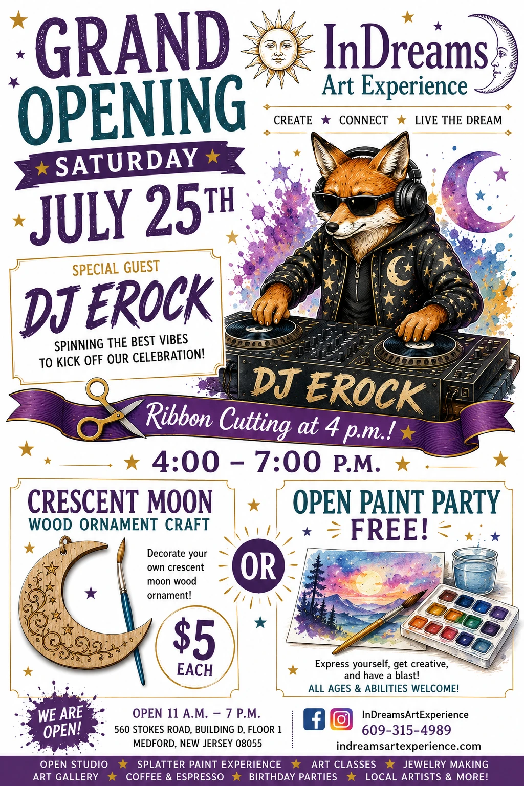 InDreams Art Experience grand opening event flyer in Medford, NJ — ribbon cutting, live DJ, free open paint party, and crescent moon wood ornament craft