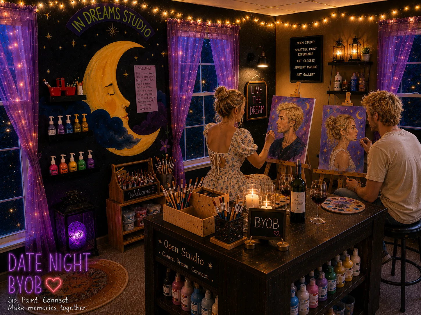 A couple painting together on a BYOB date night at InDreams Art Experience in Medford, NJ