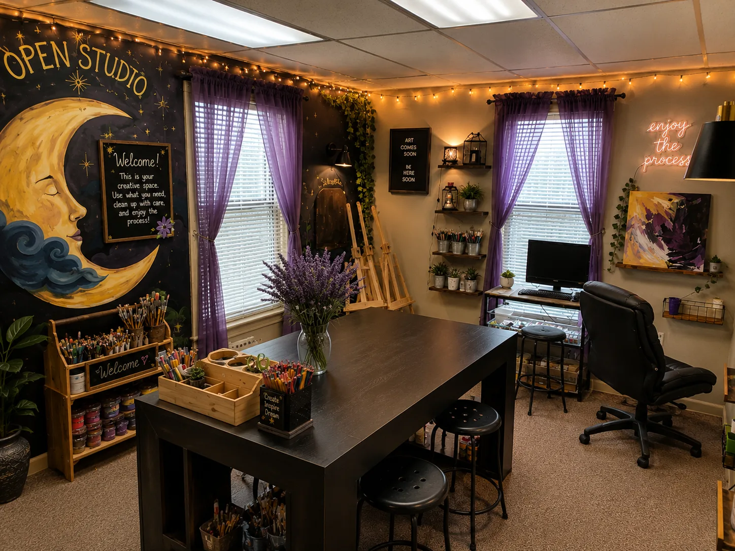Welcoming Open Studio space stocked with paints and brushes at InDreams Art Experience in Medford, NJ