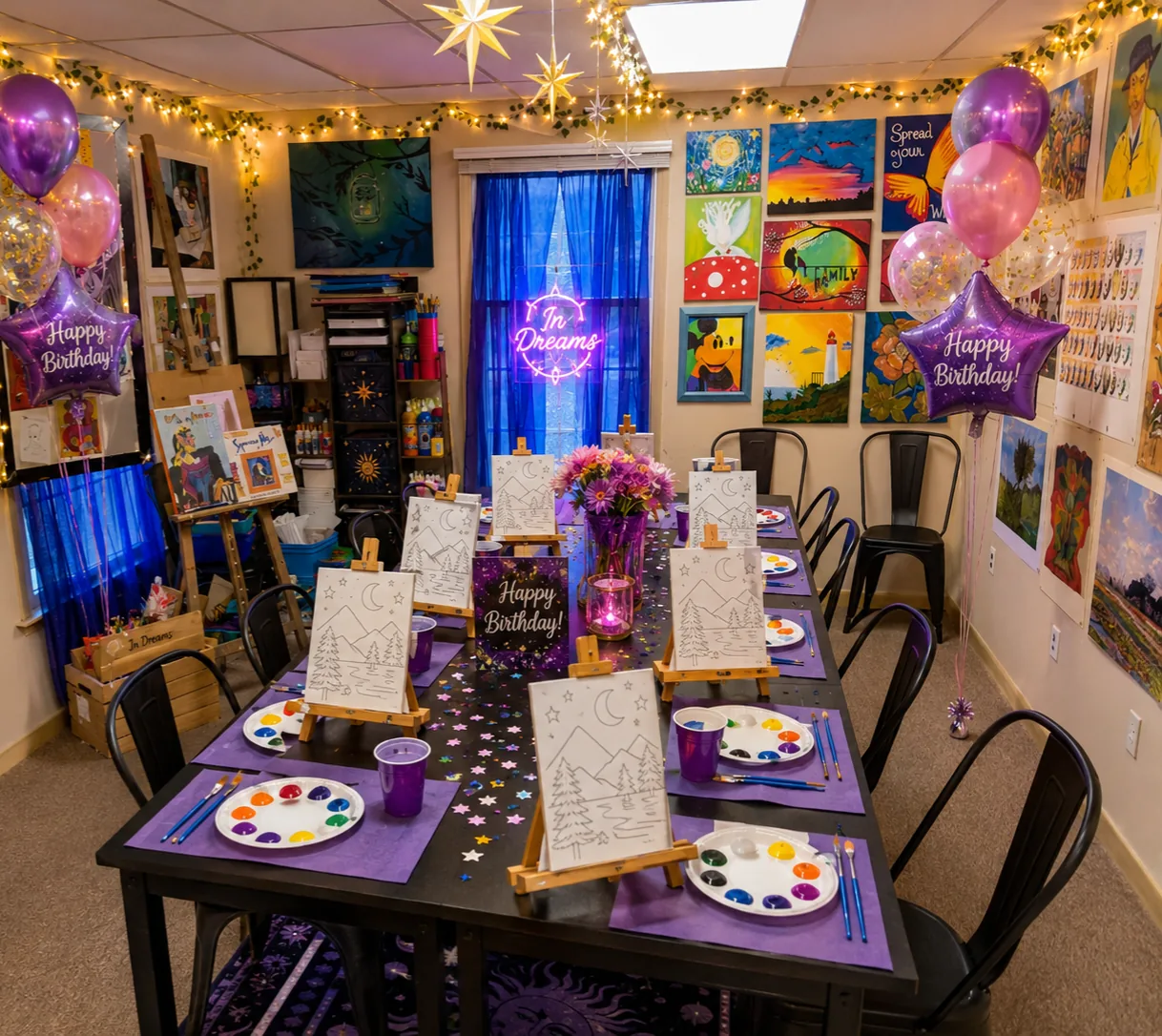 Art class birthday party with easels and painting supplies