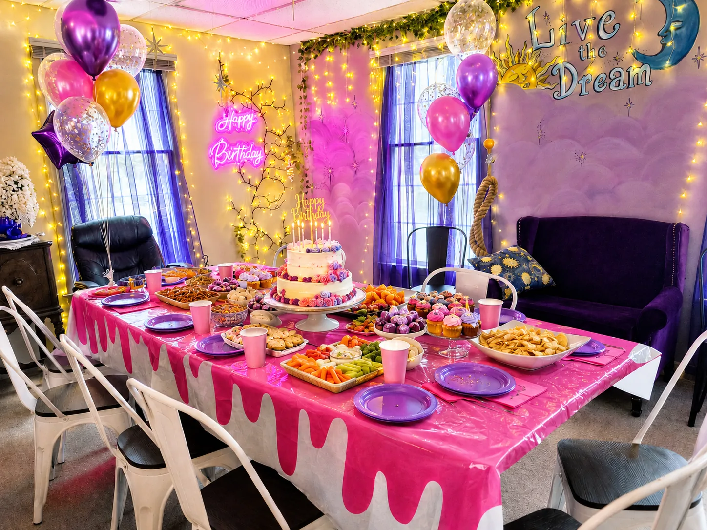 Birthday party table with cake, snacks, balloons and decorations at InDreams Art Experience