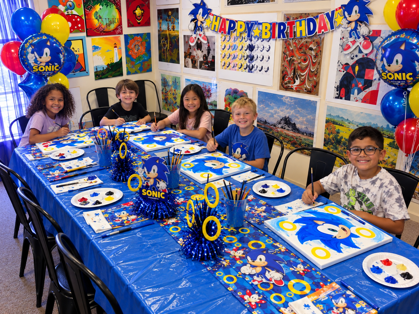 Art class birthday party with easels and painting supplies