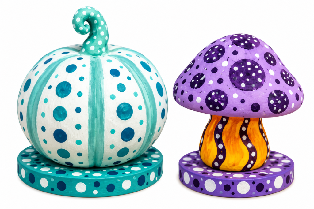 Kusama Dotted Clay Pumpkins and Mushrooms